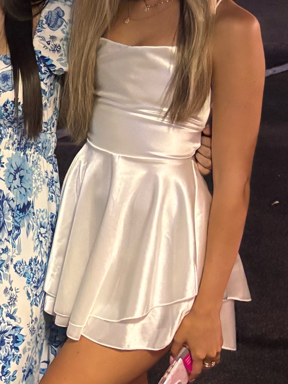 White Satin Strapless Tiered Mini Dress